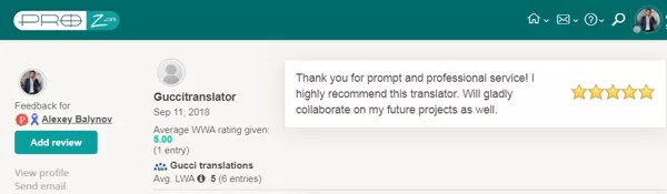 Feedback at ProZ from Gucci Translations, USA